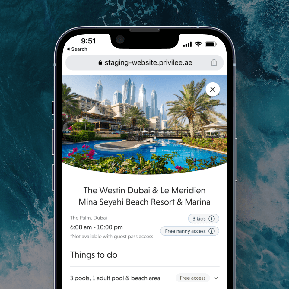 Venue details UI – Redesigned Privilee interface displaying partner venue information with photos, amenities, and booking options