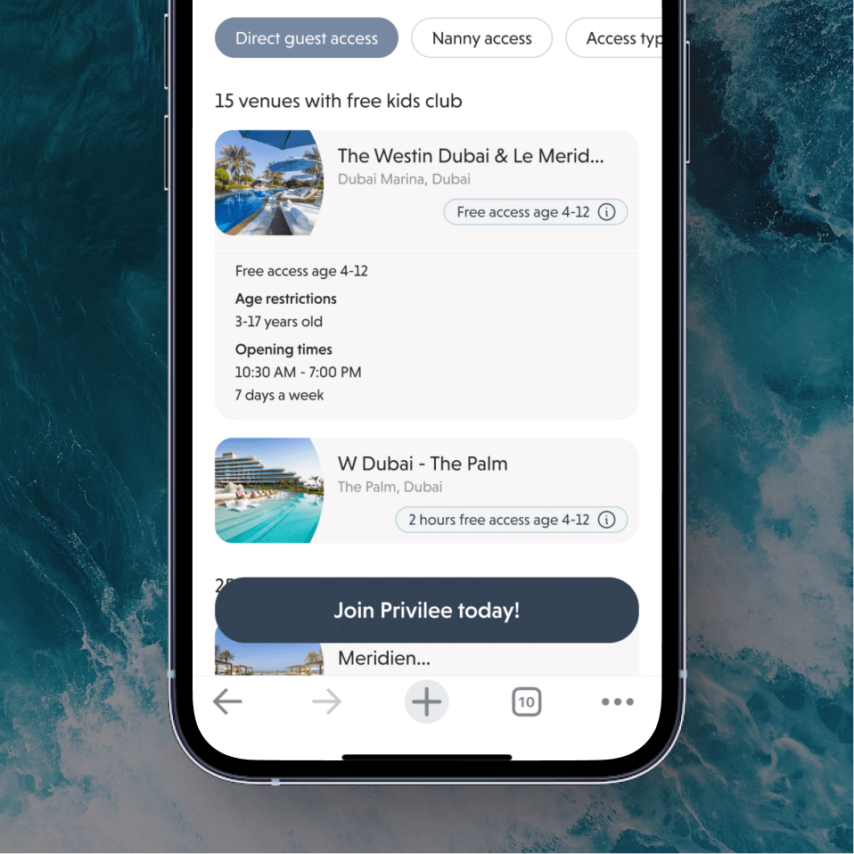 Venue catalog UI – Privilee web design showing scrollable list of partner venues with images, categories, and quick access filters