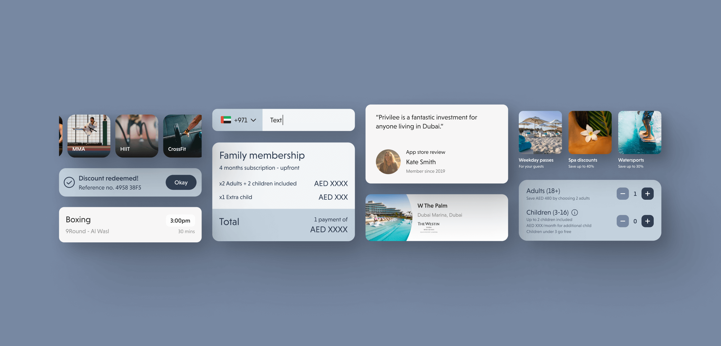 Privilee design system – UI components and reusable elements including buttons, icons, form fields, and layout rules for consistent interface design